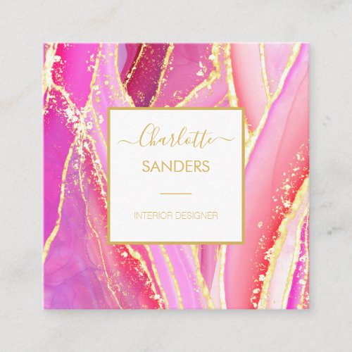 Abstract Pink Watercolor Gold Splatter Square Business Card