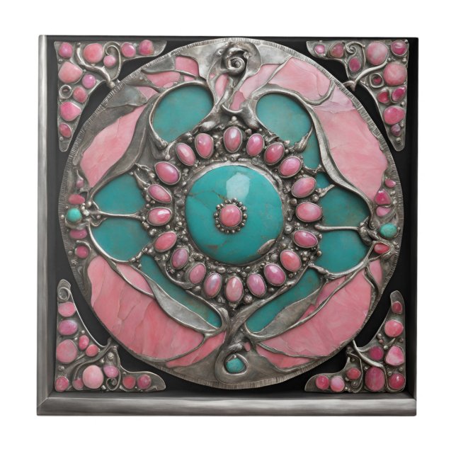 Abstract Pinkish and Turquoise Mosaic Art Ceramic Tile (Front)