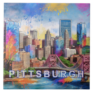 Abstract Pittsburgh Skyline Art Modern Cityscape Ceramic Tile