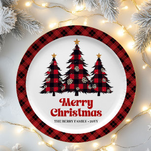 Abstract Plaid Christmas Tree Family Name Paper Pl Plates