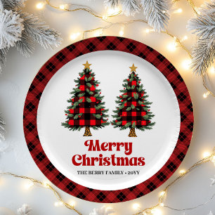 Abstract Plaid Tree Family Name Christmas Paper  Plates
