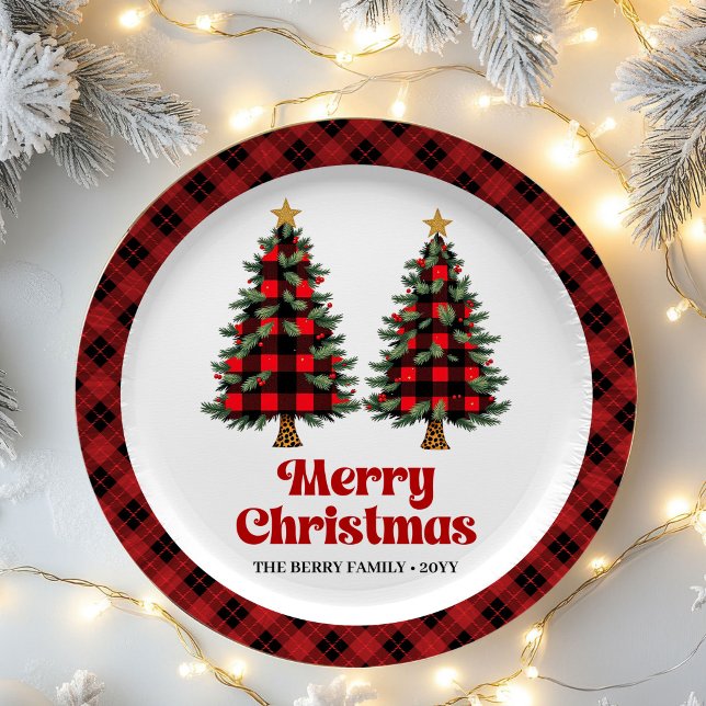 Abstract Plaid Tree Family Name Christmas Paper  Plates (Abstract Plaid Tree Family Name Christmas Paper Plates)
