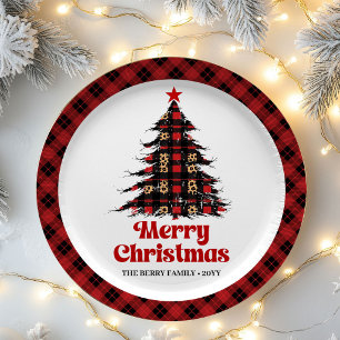 Abstract Plaid Tree Holiday Custom Name Paper   Plates