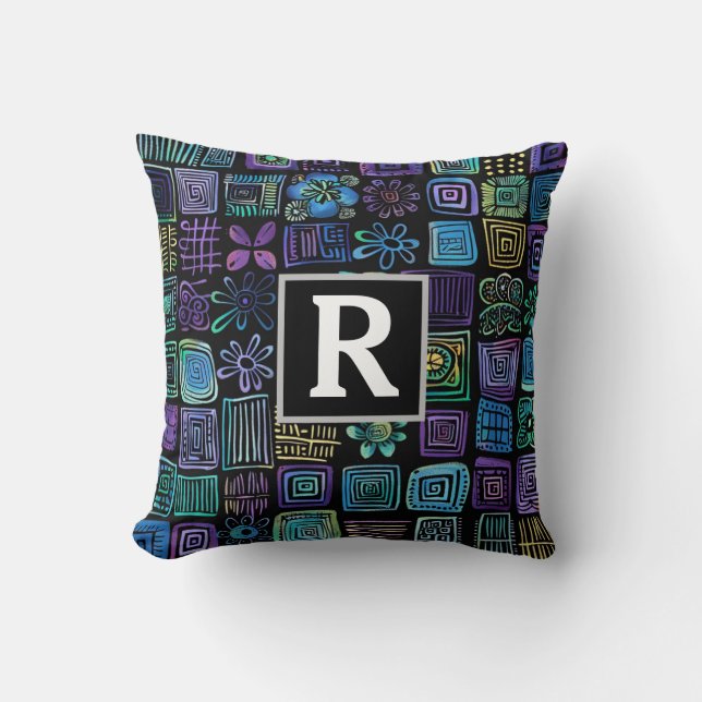 Abstract plant and geometric design monograph throw pillow (Front)