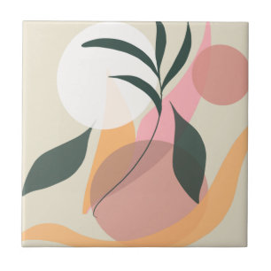 Abstract Plant Illustration Shapes Pink Greenery Ceramic Tile