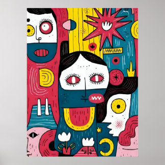 Abstract Pop Art Faces – Modern Doodle Expression Poster