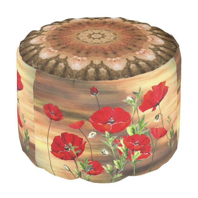 Abstract Poppies Sturdy Spun Polyester Round Pouf (Angled Back)