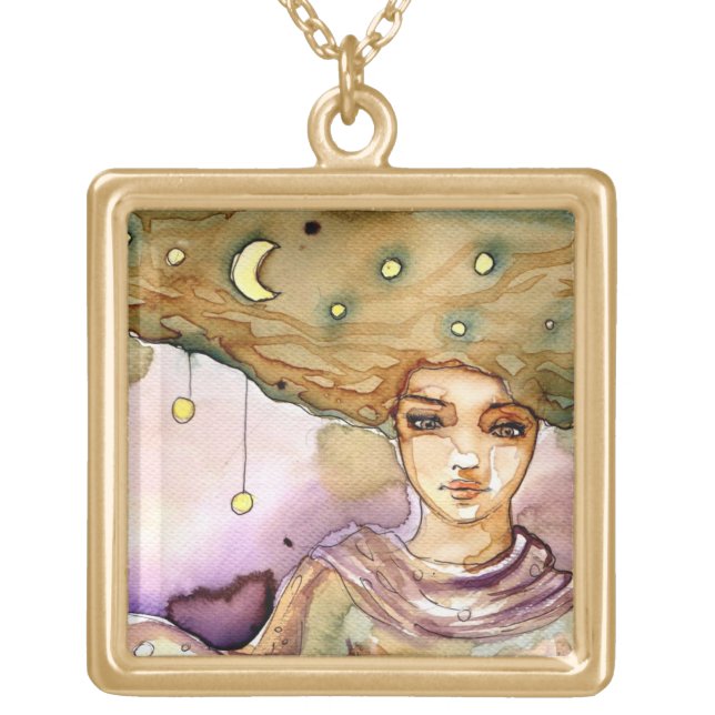 Abstract portrait and pretty woman gold plated necklace (Front)
