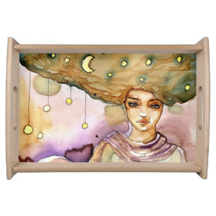 Abstract portrait and pretty woman serving tray