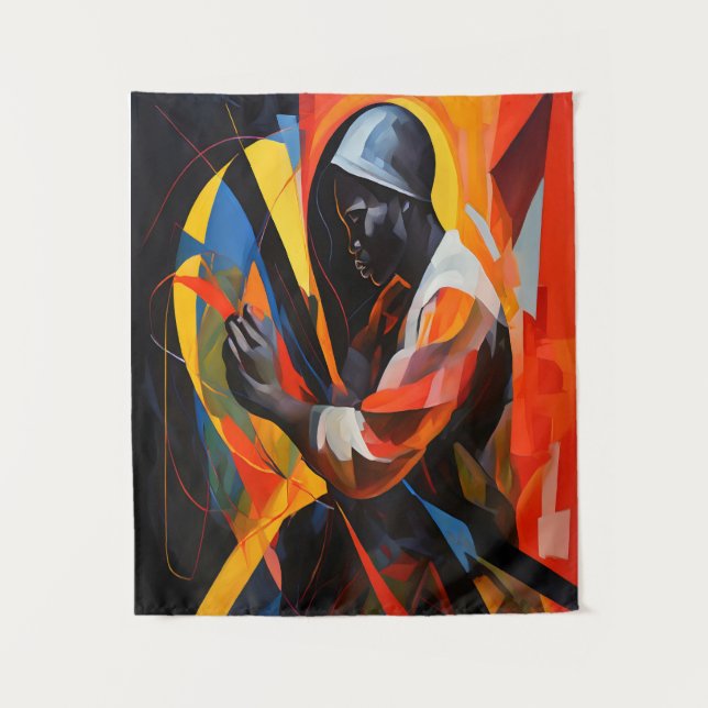 Abstract Portrait in Vibrant Colors Modern Art Tapestry (Front)