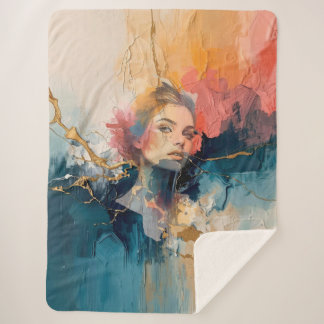 Abstract Portrait Wall Art, Modern Woman Face Pain Sherpa Blanket