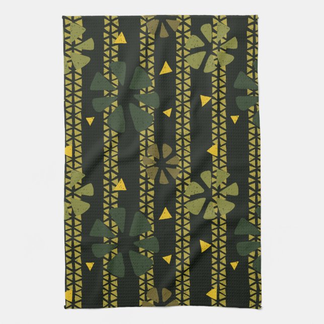 Abstract Print Brown Green Striped Kitchen Towel (Vertical)