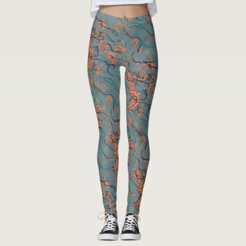 Abstract Print Leggings _ Teal PeachLight Orange