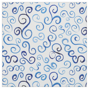 Abstract Prussian Blue Watercolor Curves Fabric