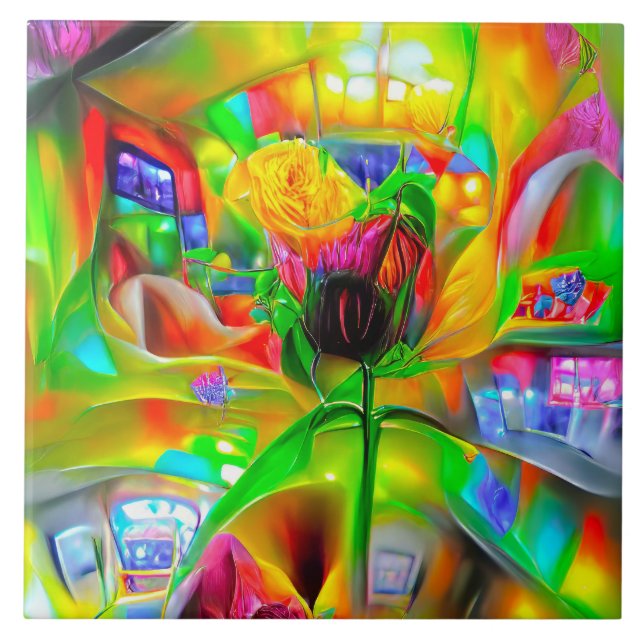 Abstract Psychedelic Flowers  Ceramic Tile (Front)