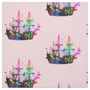 Abstract Psychedelic Vintage Pirate Ship Clipper Fabric