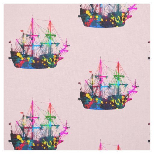 Abstract Psychedelic Vintage Pirate Ship Clipper Fabric