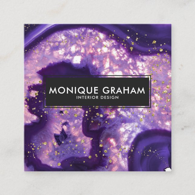 Abstract Purple Agate Geode Stone Gold Splatter Square Business Card (Front)