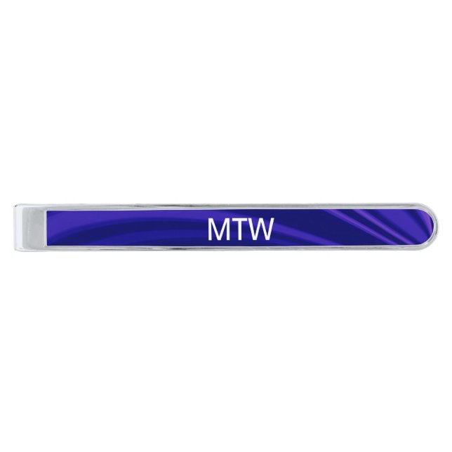 Abstract Purple and White Text Monogram Silver Finish Tie Bar (Front)