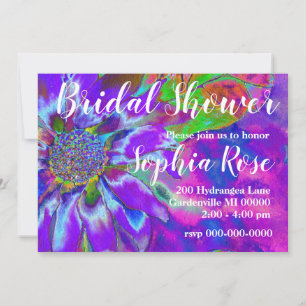 Abstract purple blue floral sunflower retro funky invitation