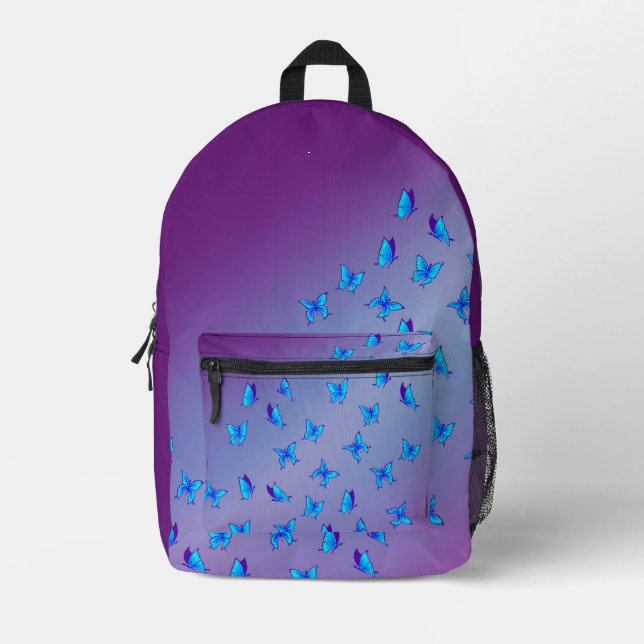 Abstract purple Blue Moonbeams and Butterflies  Printed Backpack (Front)
