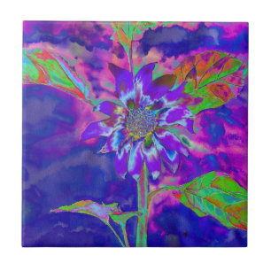 Abstract purple blue sunflower retro funky fun ceramic tile