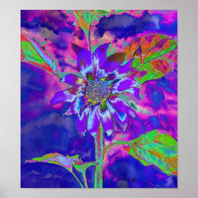 Abstract purple blue sunflower | retro funky fun poster (Front)