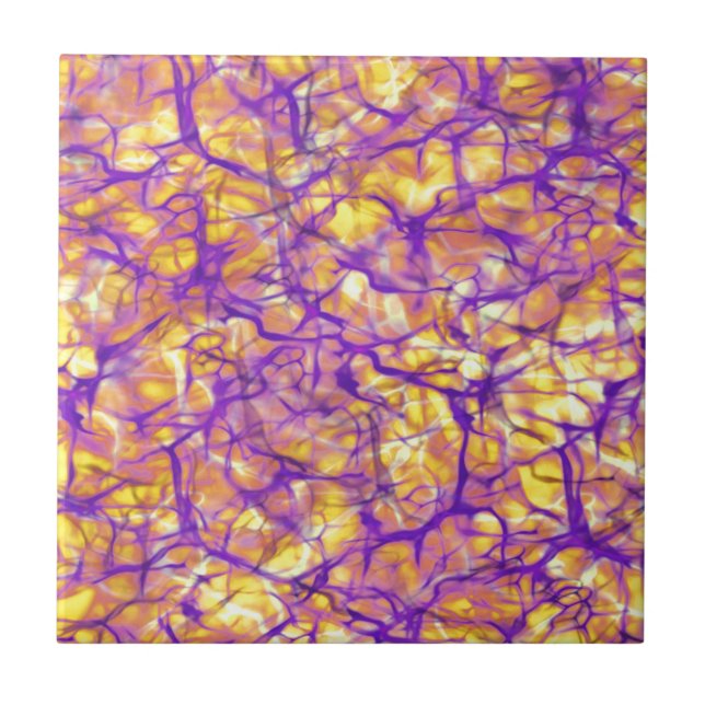 Abstract Purple Circuits on Yellow Ceramic Tile (Front)