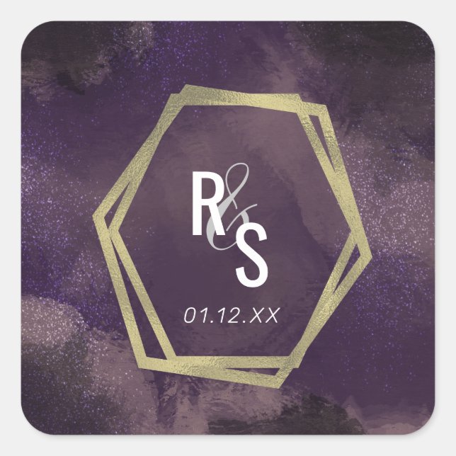 Abstract Purple Faux Gold Splash Wedding Suite Square Sticker (Front)