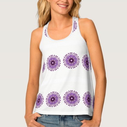 Abstract purple flowers on white tank top