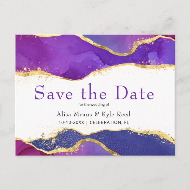 Abstract Purple Fuchsia Gold Save the Date Announcement Postcard (Front)