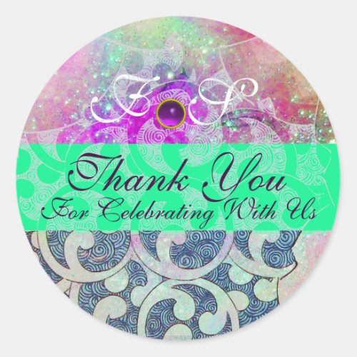 ABSTRACT PURPLE GEM BLUE GREEN WAVES _THANK YOU CLASSIC ROUND STICKER