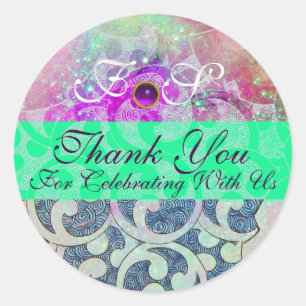 ABSTRACT PURPLE GEM BLUE GREEN WAVES -THANK YOU CLASSIC ROUND STICKER