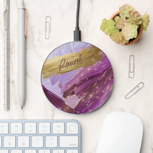 Abstract Purple Gold Rough Paint Strokes Wireless Charger