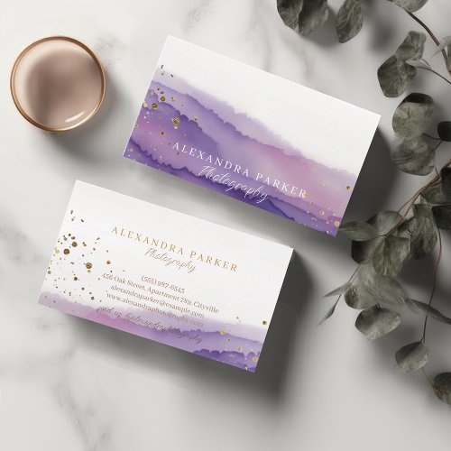 Abstract Purple  Gold Watercolor Landscape Script Business Card