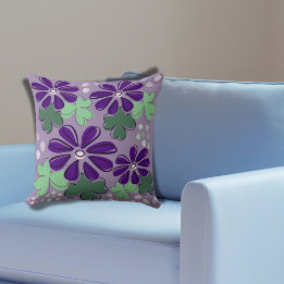 Abstract Purple Green Clover Leaves Floral Doodle Throw Pillow