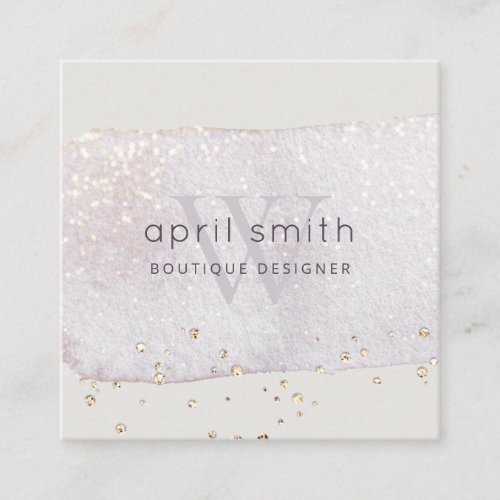 Abstract Purple Lilac Brush Stoke Monogram Glitter Square Business Card