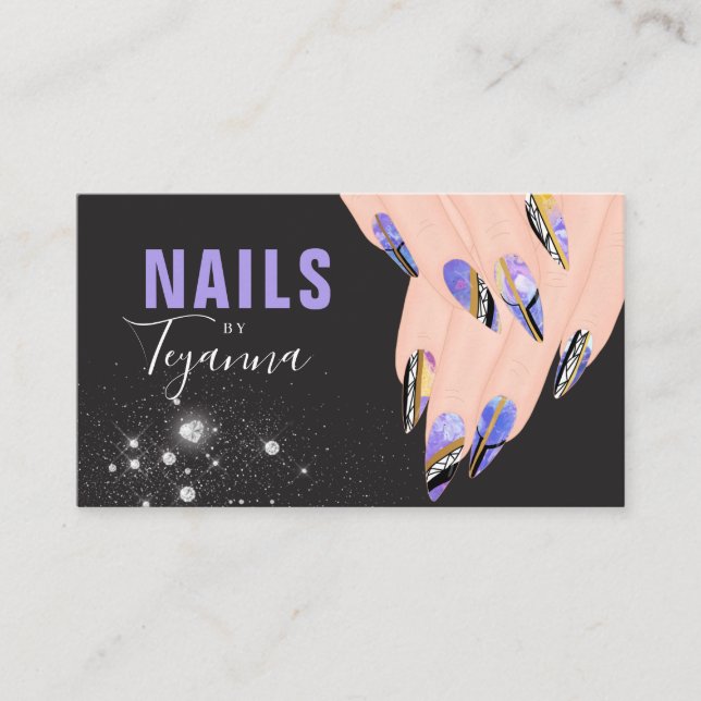 Abstract Purple Marble Glitter Hands Nail Artist Business Card (Front)