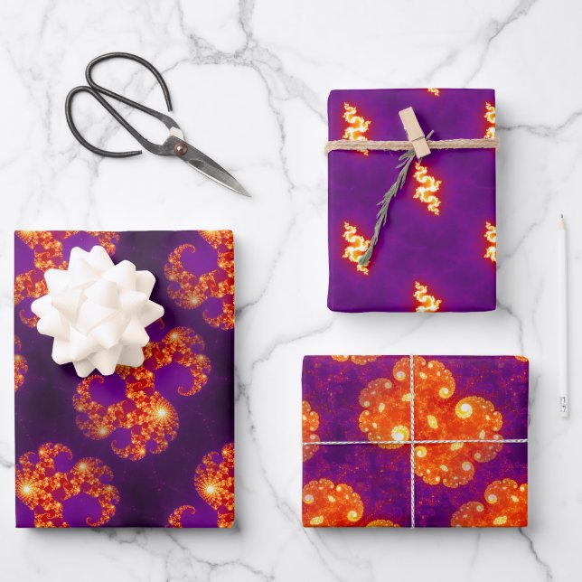 Abstract Purple Orange Fractal Art Pattern Wrapping Paper Sheets (Front)