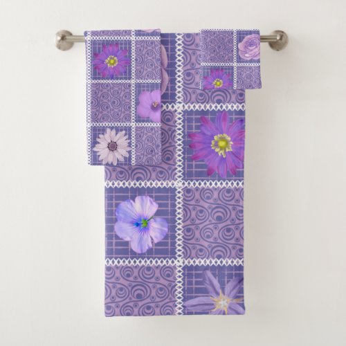 Abstract Purple Patchwork Floral Quilting Squares  Bath Towel Set