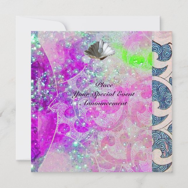 ABSTRACT PURPLE PINK BLUE WAVES SEASHELLS,SPARKLES INVITATION (Front)