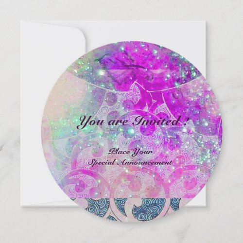 ABSTRACT PURPLE PINK TEAL BLUE WAVES  IN SPARKLES INVITATION