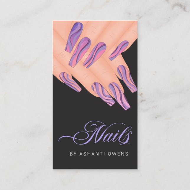 Abstract Purple Swirl Hands Nail Artist Business C Business Card (Front)