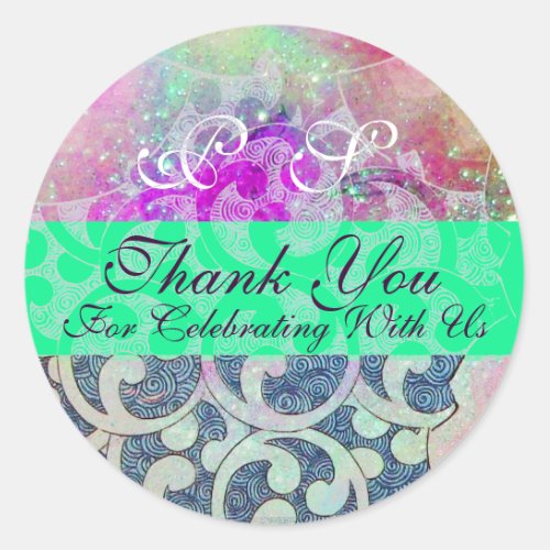 ABSTRACT PURPLE TEAL BLUE GREEN WAVES _THANK YOU CLASSIC ROUND STICKER