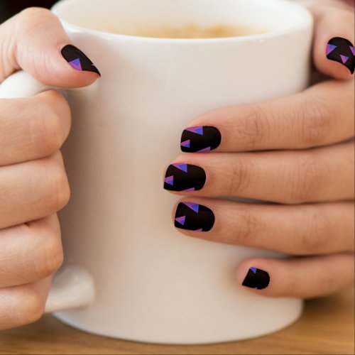 Abstract purple triangles on black minx nail art