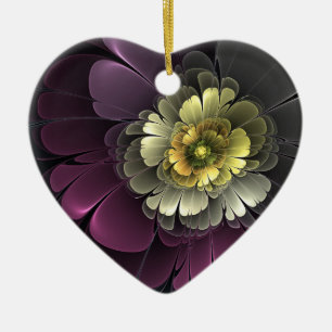 Abstract Purpur Khaki Gray Fractal Flower Heart Ceramic Ornament