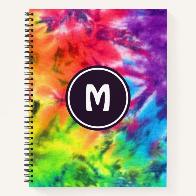 Abstract Rainbow Batik Tie Dye Retro Boho Monogram Notebook (Front)