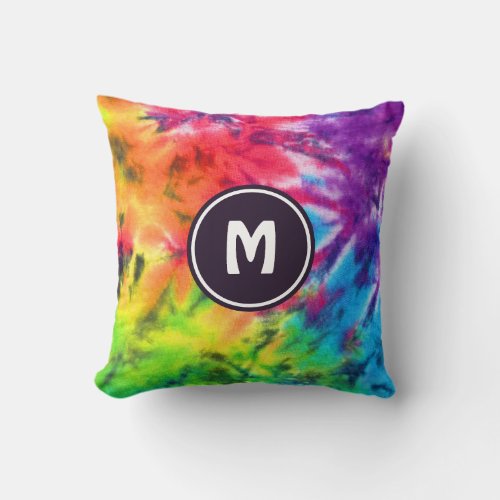 Abstract Rainbow Batik Tie Dye Retro Boho Monogram Throw Pillow