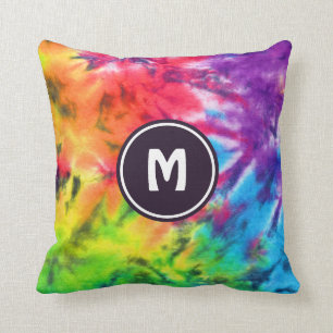 Abstract Rainbow Batik Tie Dye Retro Boho Monogram Throw Pillow