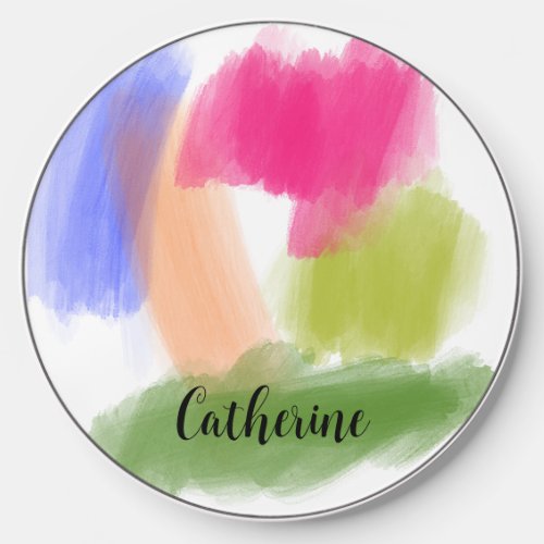 Abstract Rainbow Brushstrokes w Custom Name Wireless Charger